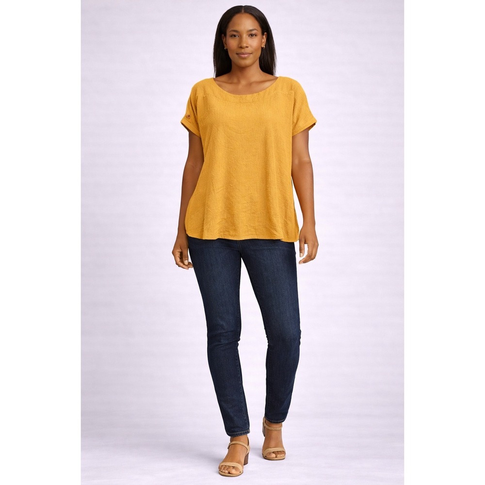 Cure Blouse‎ Women XL Mustard Short Sleeve Textured Top NWT Casual Flowy